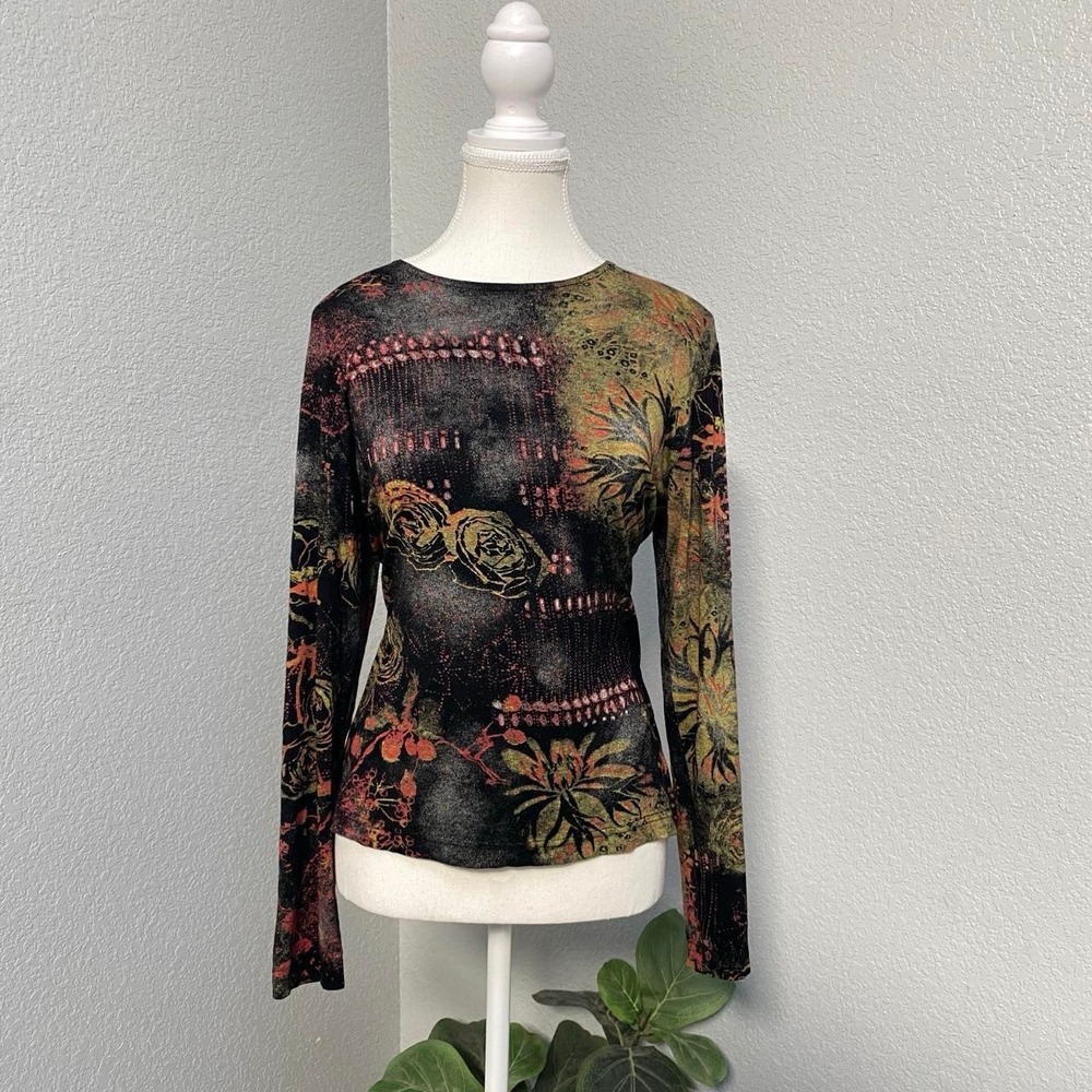 VINTAGE GRIFFON GREEN FLORAL ABSTRACT BLACK LONG SLEEVE ARTISTIC Y2K GLITCHCORE